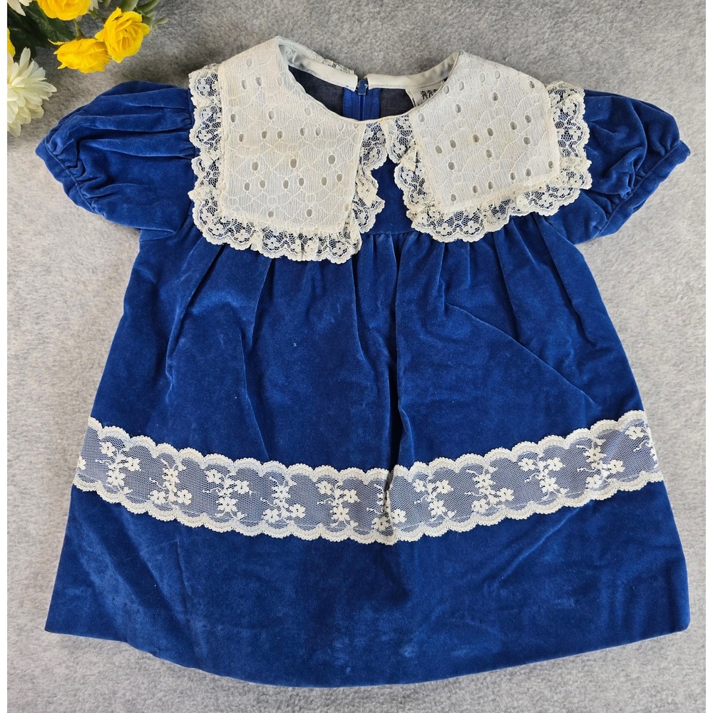 Vintage 80s Mary Jane Baby Girl Blue Velvet Lace Dress 6-12m Eyelet Collar